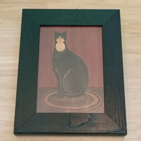 Other - Vintage Warren Kimble Black Cat on Rug Print Folk Art Black Frame 9.5 x 7.5"